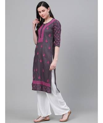 Hand Embroidered Grey Cotton Lucknow Chikan Women Kurta 3