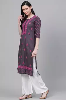 Hand Embroidered Grey Cotton Lucknow Chikan Women Kurta