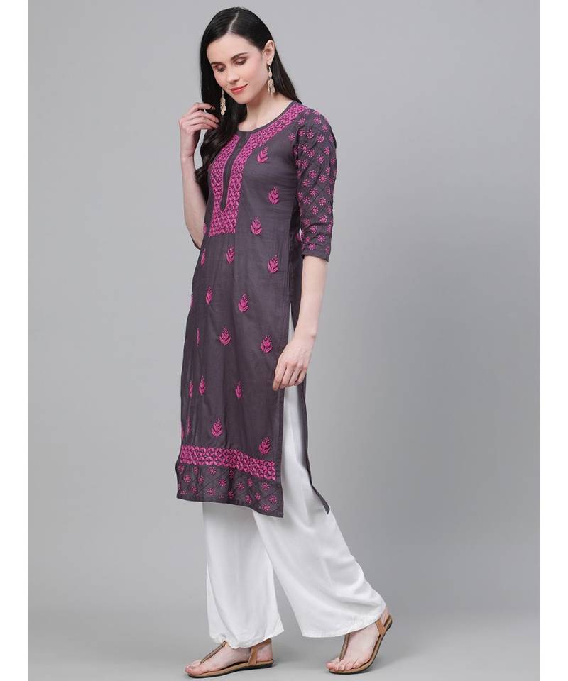 Hand Embroidered Grey Cotton Lucknow Chikan Women Kurta