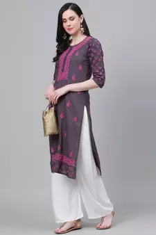 Hand Embroidered Grey Cotton Lucknow Chikan Women Kurta