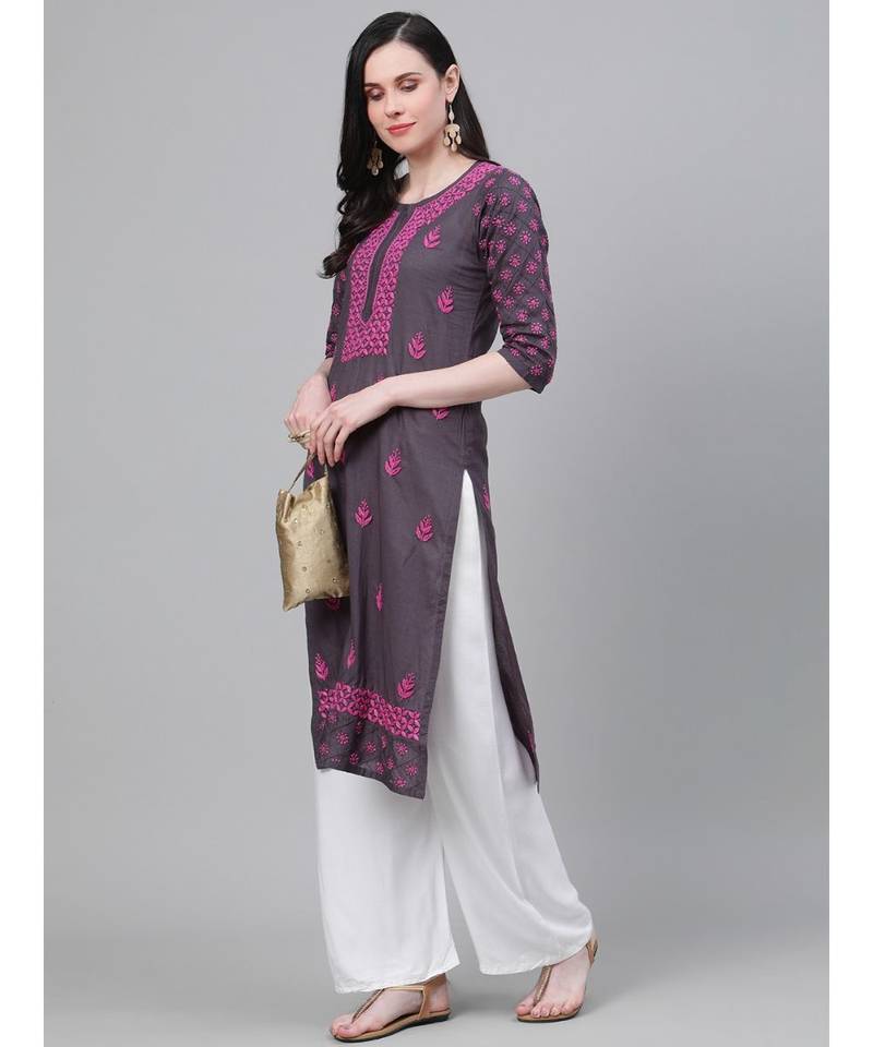 Hand Embroidered Grey Cotton Lucknow Chikan Women Kurta