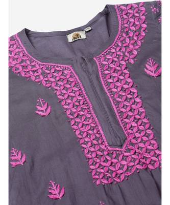 Hand Embroidered Grey Cotton Lucknow Chikan Women Kurta 5