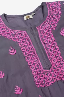 Hand Embroidered Grey Cotton Lucknow Chikan Women Kurta