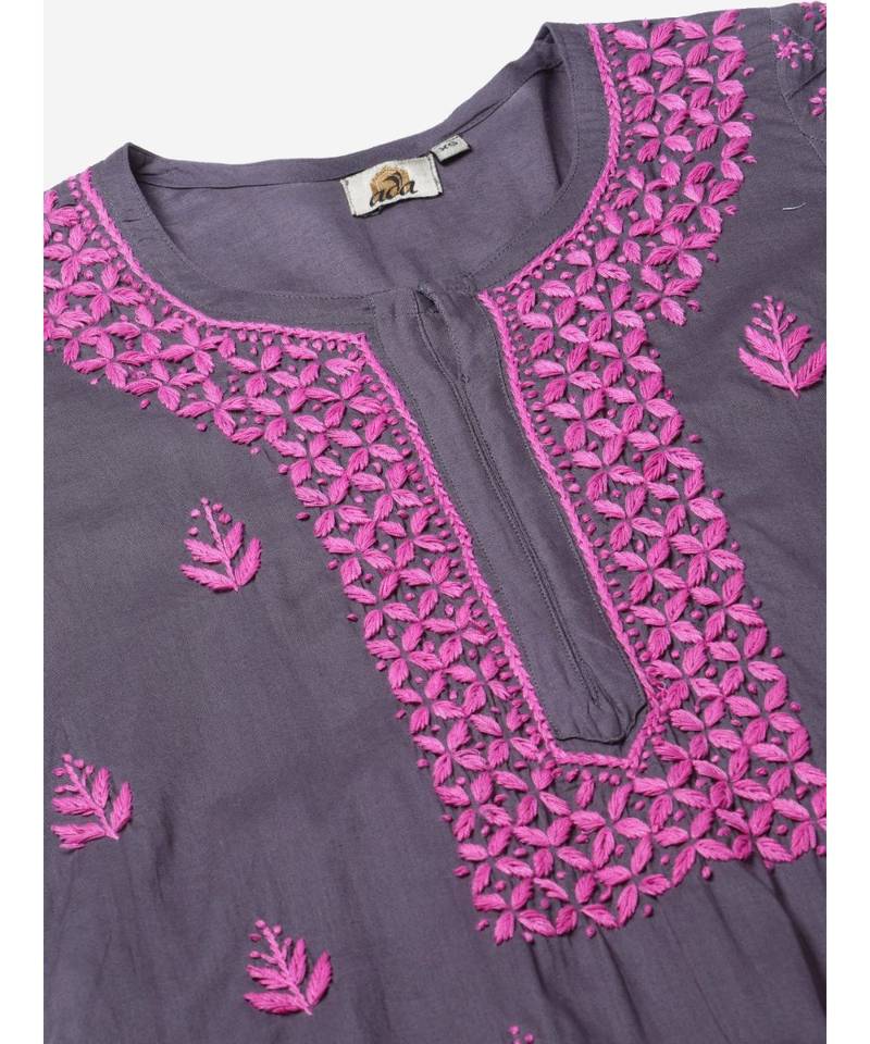 Hand Embroidered Grey Cotton Lucknow Chikan Women Kurta