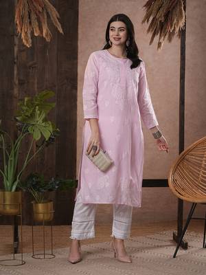 Ada Hand Embroidered Pink Cotton Lucknow Chikan Women Kurta - A411151 1