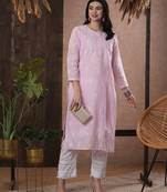 Ada Hand Embroidered Pink Cotton Lucknow Chikan Women Kurta - A411151