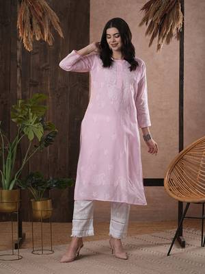 Ada Hand Embroidered Pink Cotton Lucknow Chikan Women Kurta - A411151 5