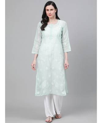Ada Hand Embroidered Light Pistachio Green Cotton Lucknow Chikan Women Kurti - A411138 1