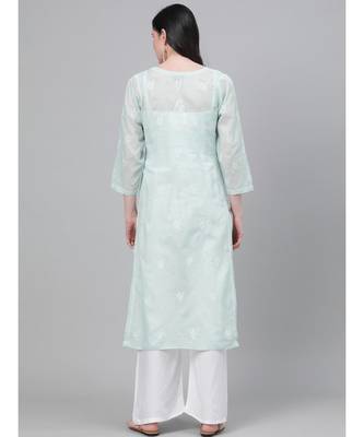 Ada Hand Embroidered Light Pistachio Green Cotton Lucknow Chikan Women Kurti - A411138 2