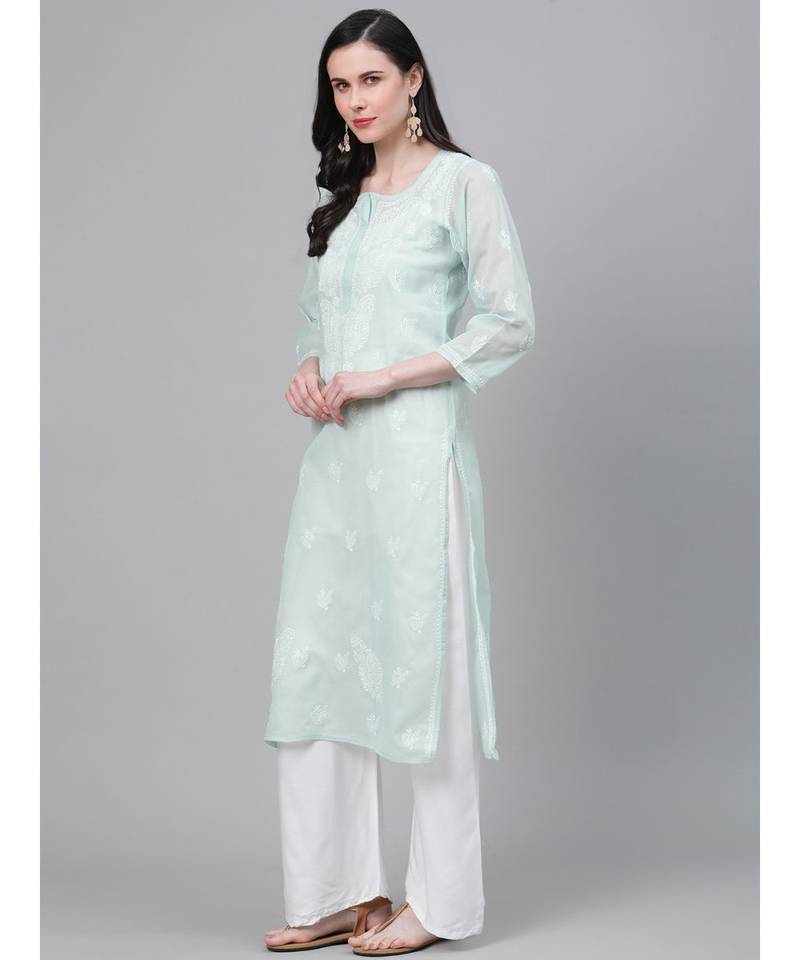 Ada Hand Embroidered Light Pistachio Green Cotton Lucknow Chikan Women Kurti - A411138