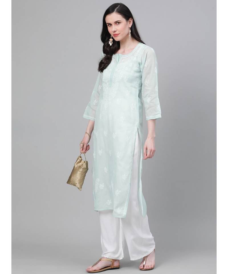 Ada Hand Embroidered Light Pistachio Green Cotton Lucknow Chikan Women Kurti - A411138