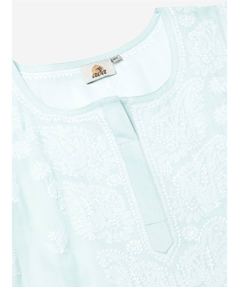 Ada Hand Embroidered Light Pistachio Green Cotton Lucknow Chikan Women Kurti - A411138