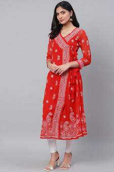 Hand Embroidered Red Georgette Lucknow Chikankari Women Angarkha Kurta With Slip