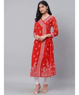 Hand Embroidered Red Georgette Lucknow Chikankari Women Angarkha Kurta With Slip 1