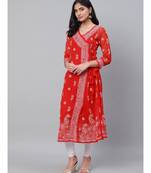 Hand Embroidered Red Georgette Lucknow Chikankari Women Angarkha Kurta With Slip