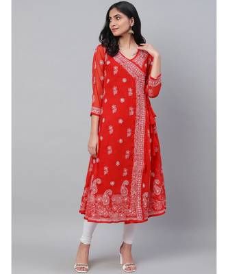 Hand Embroidered Red Georgette Lucknow Chikankari Women Angarkha Kurta With Slip 2