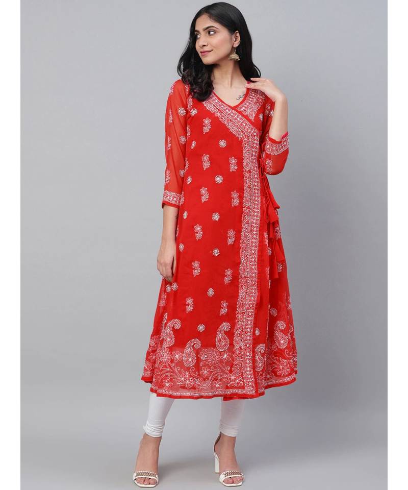 Hand Embroidered Red Georgette Lucknow Chikankari Women Angarkha Kurta With Slip