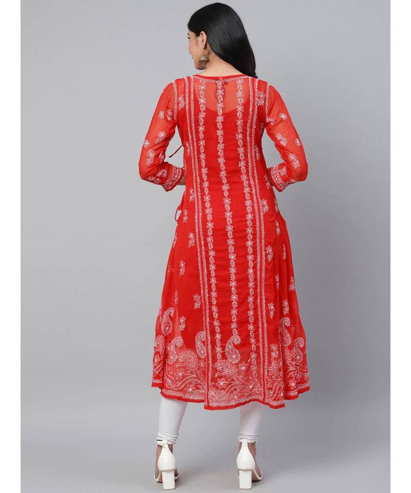 Hand Embroidered Red Georgette Lucknow Chikankari Women Angarkha Kurta With Slip