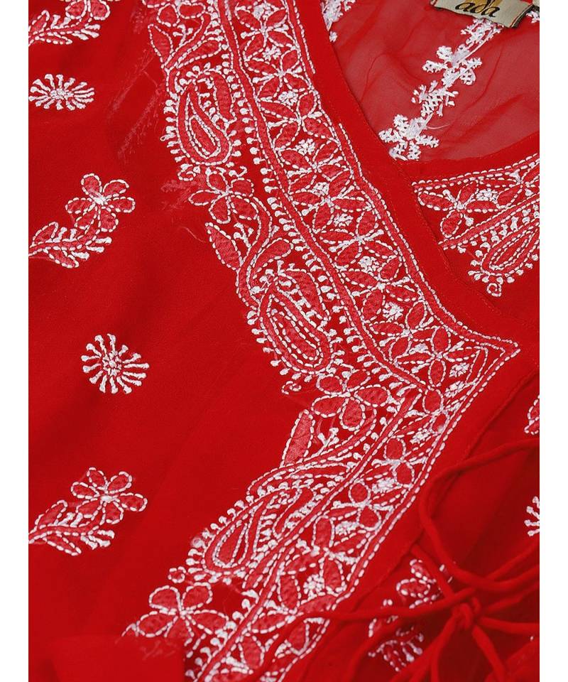 Hand Embroidered Red Georgette Lucknow Chikankari Women Angarkha Kurta With Slip