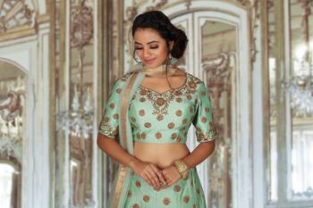 Pista-Green Machine Work Silk Ethnic With Blouse 5