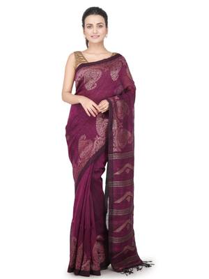 Purple hand woven linen saree with blouse 1