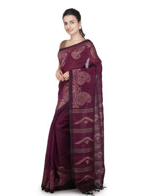 Purple hand woven linen saree with blouse 2