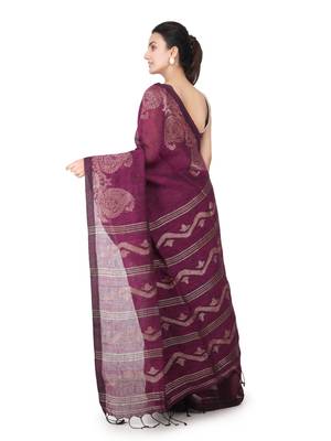 Purple hand woven linen saree with blouse 3