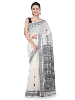 White hand woven khadi saree with blouse 1