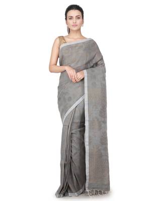 Grey hand woven linen saree with blouse 1