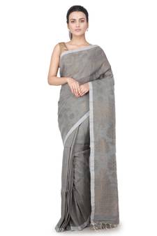 Grey hand woven linen saree with blouse
