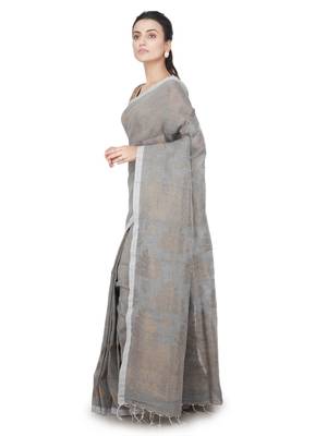 Grey hand woven linen saree with blouse 2