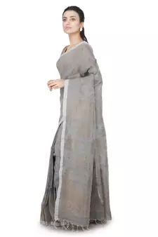 Grey hand woven linen saree with blouse