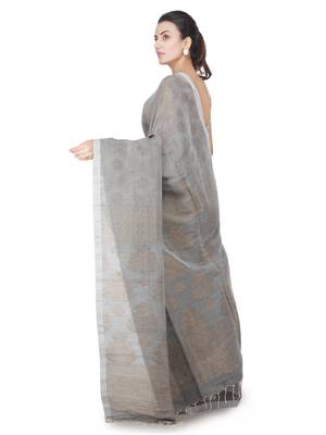 Grey hand woven linen saree with blouse 3