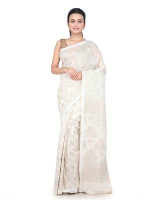 Off white hand woven linen saree with blouse 1