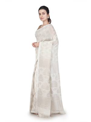 Off white hand woven linen saree with blouse 2