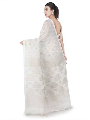 Off white hand woven linen saree with blouse 3