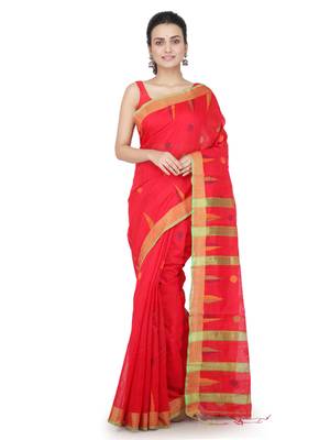 Red hand woven cotton silk saree with blouse 1