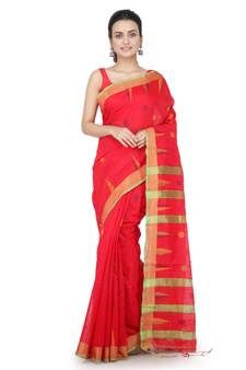 Red hand woven cotton silk saree with blouse