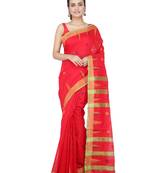 Red hand woven cotton silk saree with blouse