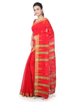Red hand woven cotton silk saree with blouse 2