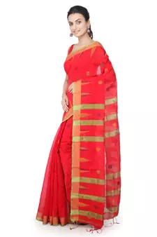 Red hand woven cotton silk saree with blouse