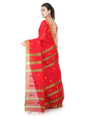 Red hand woven cotton silk saree with blouse 3