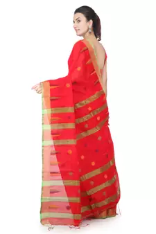 Red hand woven cotton silk saree with blouse