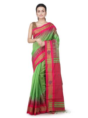 Green hand woven cotton silk saree with blouse 1