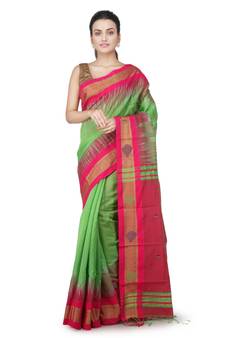 Green hand woven cotton silk saree with blouse