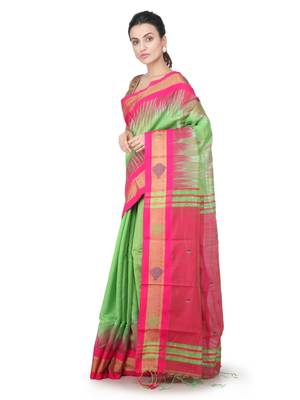 Green hand woven cotton silk saree with blouse 2