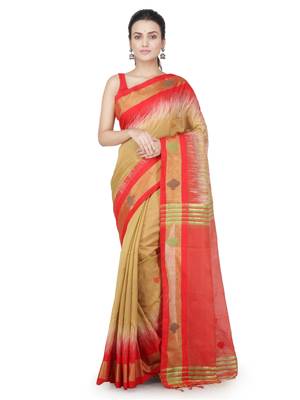 Beige hand woven cotton silk saree with blouse 1