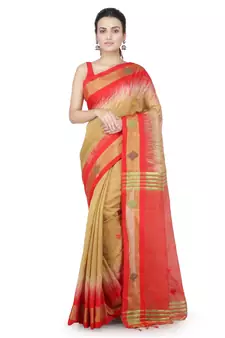 Beige hand woven cotton silk saree with blouse