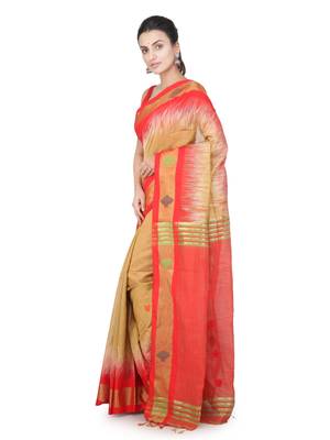 Beige hand woven cotton silk saree with blouse 2