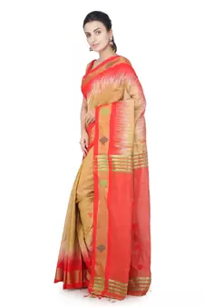Beige hand woven cotton silk saree with blouse
